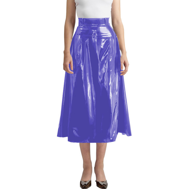 New Fashion High Waist Faux Latex Long Skirt Women PVC Leather A-line Pleated Skirt Wetlook Zipper Back Red Black Casual Skirts