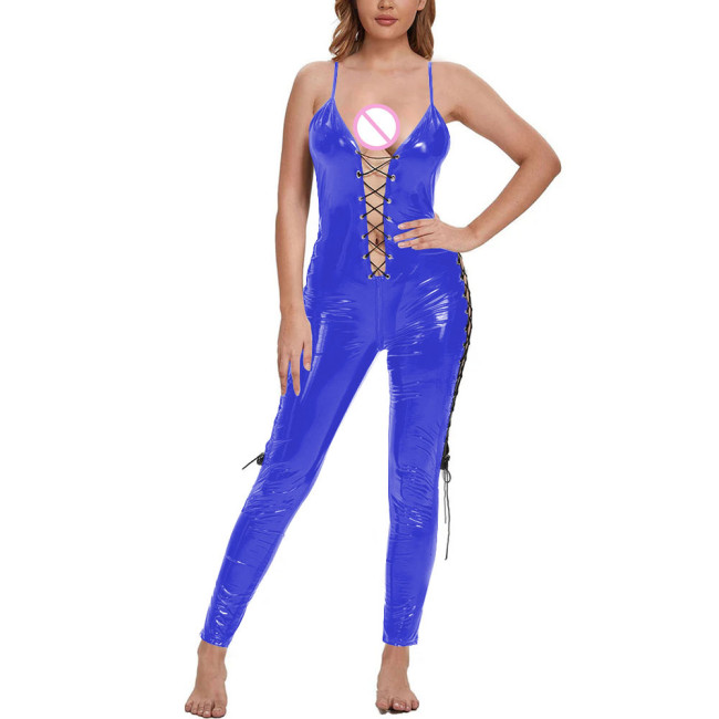 Erotic Spaghetti Strap Frenum PVC Leather Jumpsuits Women Club Party Hollow Out One Piece Romper Plus Size Rave Nightclub Zentai