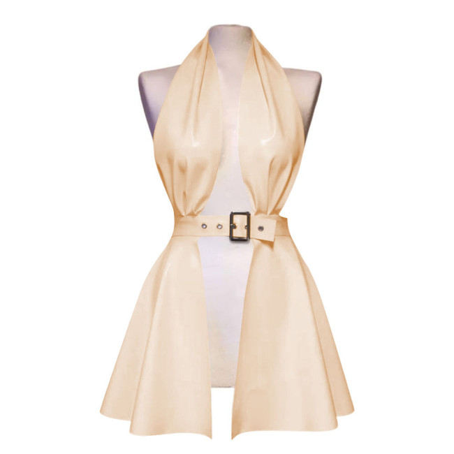 Erotic Halter Backless Hollow Out Sexy Dress Women Pole Dance Mini Faux Latex Dress Sexy Lingere Fetish Front Slit Pleated Dress