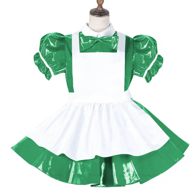 Sissy Lockable Maid Sweet Lolita Dress PVC Leather French Puff Sleeve A-line Black Lolita Dress Role Play Cosplay Maid Outfit