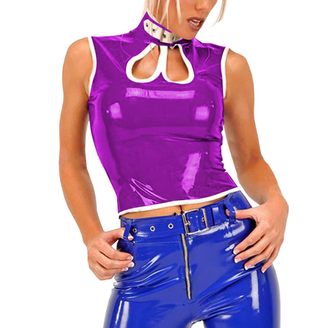 Sexy Gothic PVC Shiny Tops Women Slim Fit Glossy Hollow Out Vest Punk Style Tank T-shirt Fashion Sleeveless Club Tees Party Wear