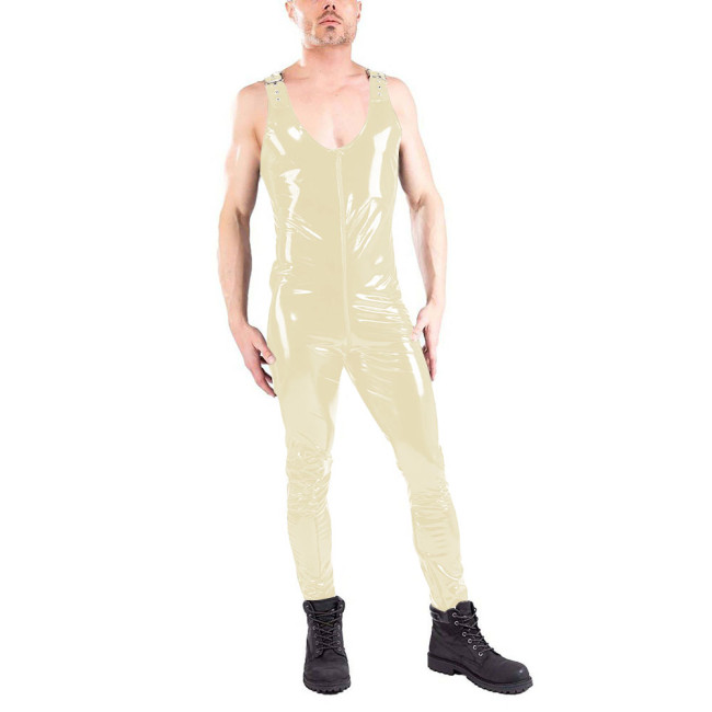 Fetish Mens Zip Open Crotch Sleevelss Jumpsuits Plus Size Stretch Slim Fit PVC Leather Jumpsuits Nightclub One Piece Overalls