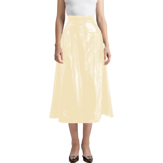 New Fashion High Waist Faux Latex Long Skirt Women PVC Leather A-line Pleated Skirt Wetlook Zipper Back Red Black Casual Skirts