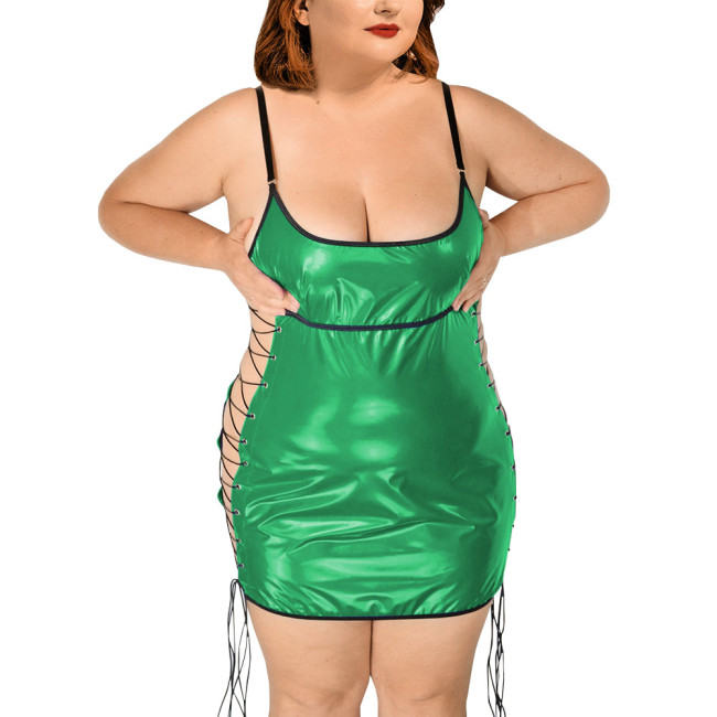 Exotic Dresses Wetlook Women Plunging Neckline Slip Dress PVC Leather Side Hollow Out Sexy Club Lace-up Bodycon Dress Pole Dance