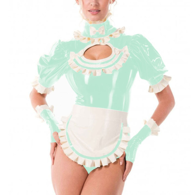 Sissy Fancy French Maid Uniforms Cross Dresser Cosplay Dress Outfits Ruffles Collar Short Sleeved PVC Shiny Bodysuit with Apron