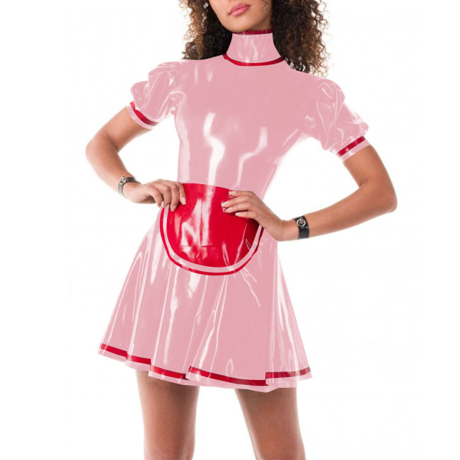 French Sweet Puff Sleeve Turtleneck Maid Dress Faux Latex Cosplay Costumes Pleated Mini Dress Sissy Cute Japanese Maid Outfit