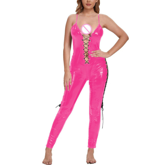Erotic Spaghetti Strap Frenum PVC Leather Jumpsuits Women Club Party Hollow Out One Piece Romper Plus Size Rave Nightclub Zentai