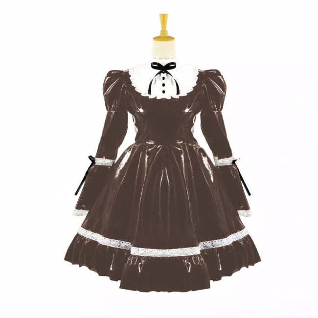 Turtleneck PVC Leather Maid Cosplay Lingerie Puff Long Sleeve Sweet Bow Splice White Lolita Dress Kawaii Waitress Maid Outfit