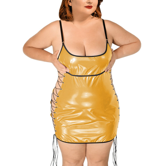 Exotic Dresses Wetlook Women Plunging Neckline Slip Dress PVC Leather Side Hollow Out Sexy Club Lace-up Bodycon Dress Pole Dance