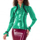 Elegance Ruffles Stand Collar Slim Fit PVC Women Shirt Faux Latex Single-breasted Long Sleeve Office Lady Bodycon Womens Tops