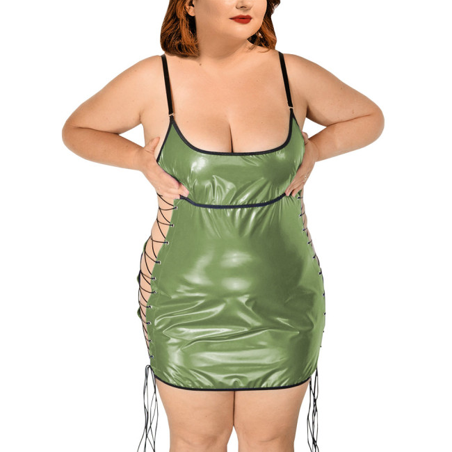 Exotic Dresses Wetlook Women Plunging Neckline Slip Dress PVC Leather Side Hollow Out Sexy Club Lace-up Bodycon Dress Pole Dance