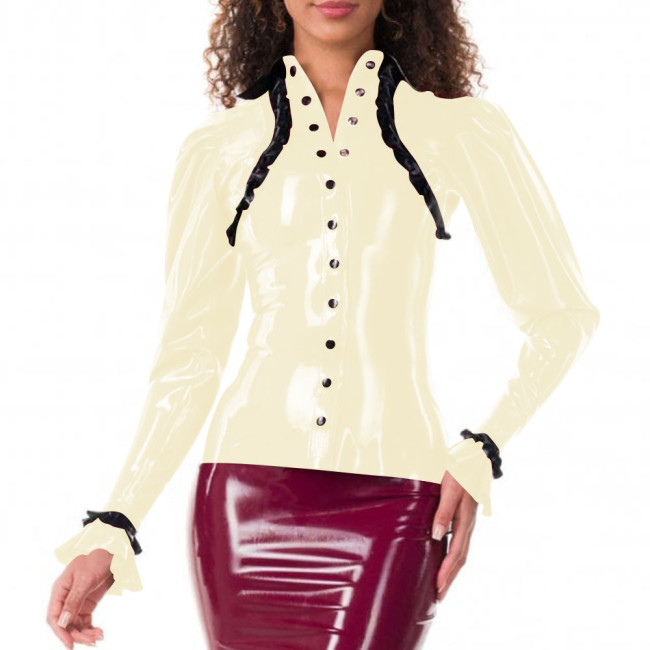 Elegance Ruffles Stand Collar Slim Fit PVC Women Shirt Faux Latex Single-breasted Long Sleeve Office Lady Bodycon Womens Tops