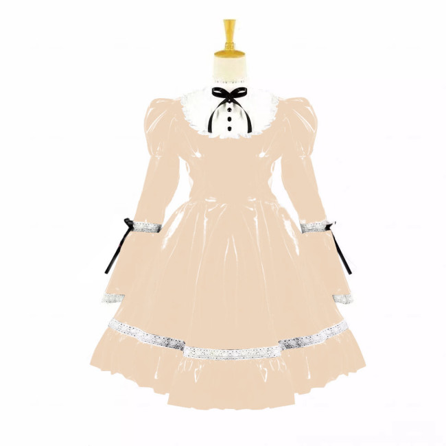 Turtleneck PVC Leather Maid Cosplay Lingerie Puff Long Sleeve Sweet Bow Splice White Lolita Dress Kawaii Waitress Maid Outfit