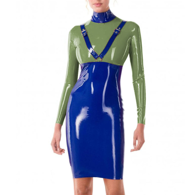 Patchwork Blue Turtleneck PVC Leather Slim Fit Hip Wrap Bodycon Dress Women Long Sleeve Sexy Hobble Dress for Club Cocktail