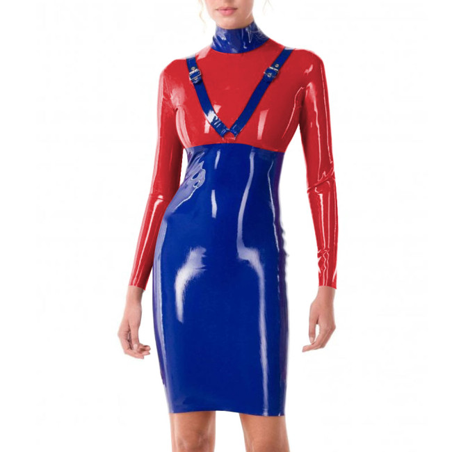 Patchwork Blue Turtleneck PVC Leather Slim Fit Hip Wrap Bodycon Dress Women Long Sleeve Sexy Hobble Dress for Club Cocktail