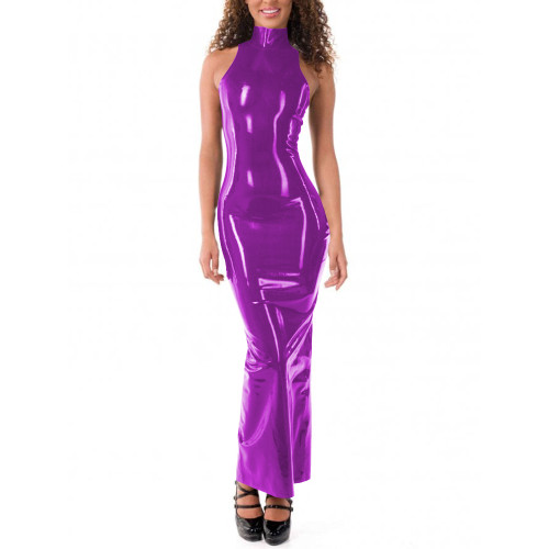 Summer Turtleneck PVC Leather Bodycon Tank Dress Sexy Sleeveless Stretch Slim Hobble Maxi Dress Women Back Slit Club Party Dress