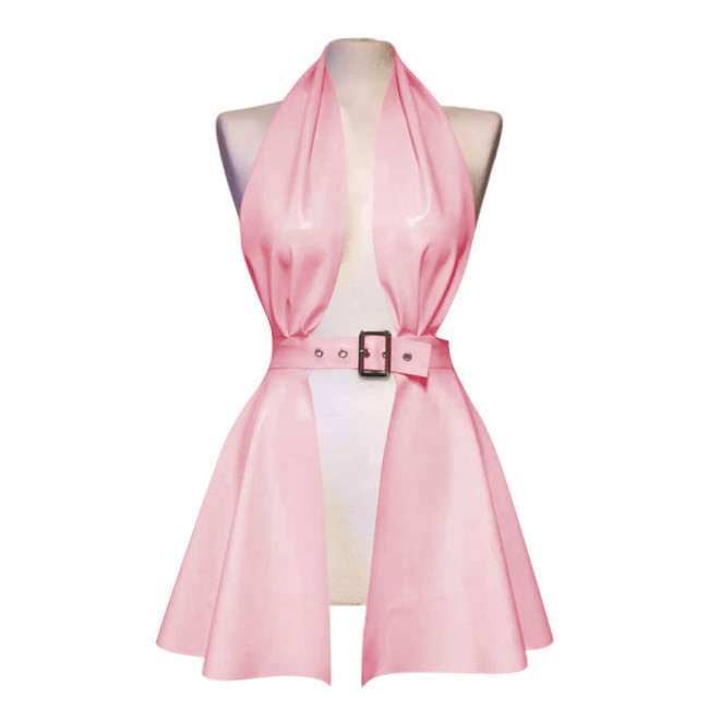 Erotic Halter Backless Hollow Out Sexy Dress Women Pole Dance Mini Faux Latex Dress Sexy Lingere Fetish Front Slit Pleated Dress