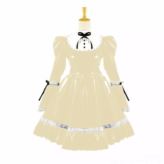 Turtleneck PVC Leather Maid Cosplay Lingerie Puff Long Sleeve Sweet Bow Splice White Lolita Dress Kawaii Waitress Maid Outfit