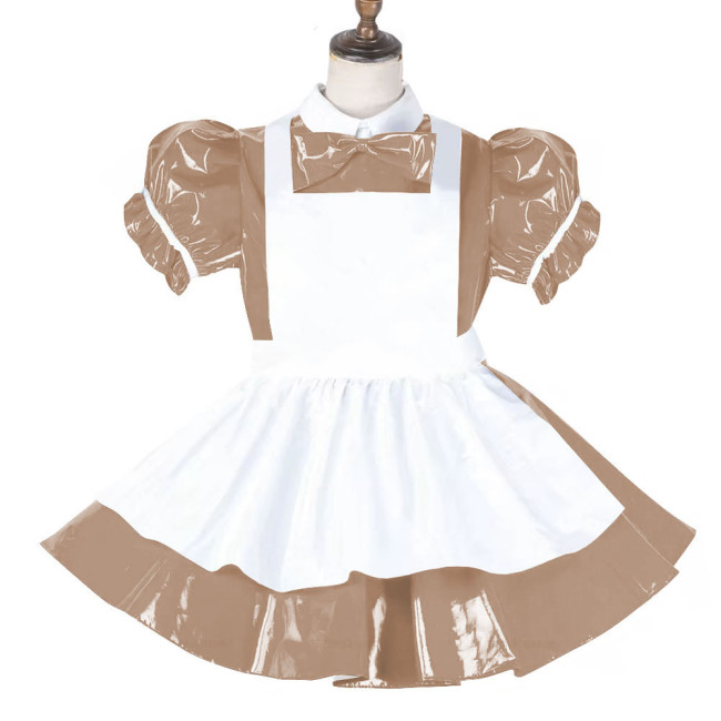 Sissy Lockable Maid Sweet Lolita Dress PVC Leather French Puff Sleeve A-line Black Lolita Dress Role Play Cosplay Maid Outfit
