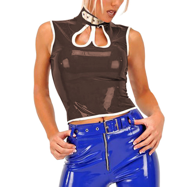 Sexy Gothic PVC Shiny Tops Women Slim Fit Glossy Hollow Out Vest Punk Style Tank T-shirt Fashion Sleeveless Club Tees Party Wear