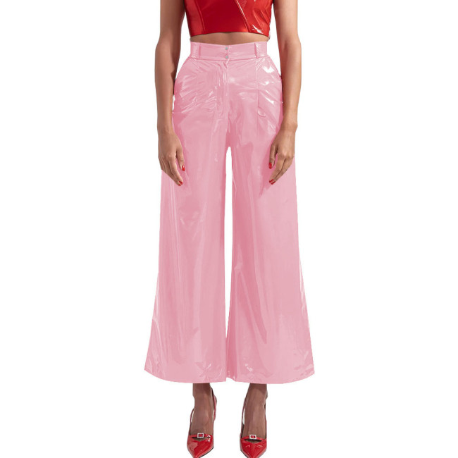 High Waist Wide Leg Pants 2025 Women PVC Leather Solid Color Loose Long Pants Hip Hop Party Casual Slim Fit Faux Latex Pants