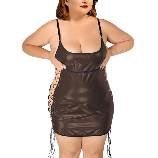 Exotic Dresses Wetlook Women Plunging Neckline Slip Dress PVC Leather Side Hollow Out Sexy Club Lace-up Bodycon Dress Pole Dance
