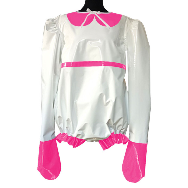 Mens Sissy Onesies PVC Leather Patchwork Long Sleeve O Neck Bodysuits Nightwear Adult Giant Baby Costume Gay Male PVC Pyjama
