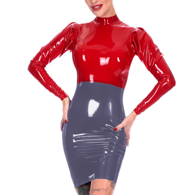 Fetish Womens Bodycon Mini Dress Patchwork Long Sleeve Skinny Party Dress Wetlook PVC Leather Clubwear Back Zipper Tight Vestido