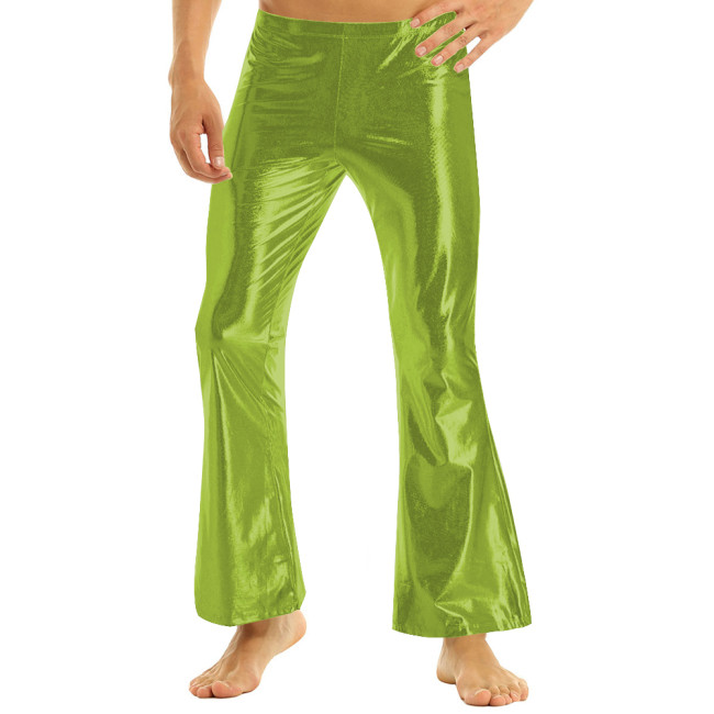 Mens High Waist Flared Pants Shiny Metallic Party Disco Bell Bottom Trousers Male Solid Color Long Pants Wetlook Show Clubwear