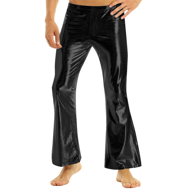 Mens High Waist Flared Pants Shiny Metallic Party Disco Bell Bottom Trousers Male Solid Color Long Pants Wetlook Show Clubwear