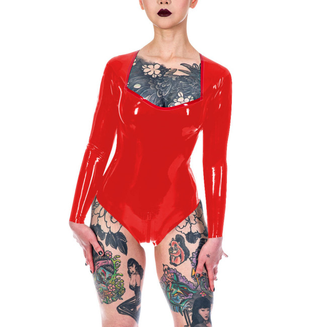 Plunging Neckline High Cut Faux Latex Bodysuit Women Long Sleeve Sexy Bodysuit Lingerie One Piece Open Crotch Teddies Clubwear