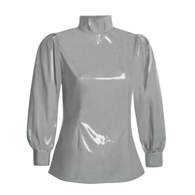 Office Ladies Tops Slim Fit Long Sleeve Faux Latex Women Blouse Turtleneck PVC Leather Bodycon Solid Color Blouse Tops Casual