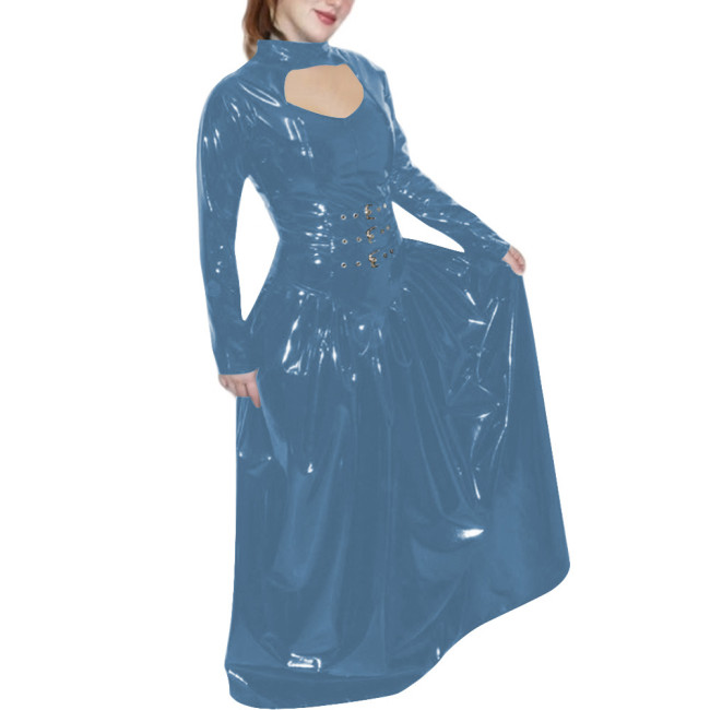 Sissy PVC Faux Leather Long Dress Wetlook Hollow A-line Swing Maxi Dress Long Sleeved Elegant Vintage Robe Raves Party Vestidos