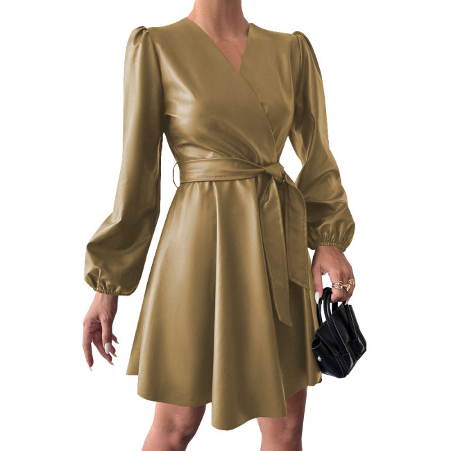 Fashion Puff Long Sleeve V-neck Dress Vintage Women Casual PU Leather Dress with Belt Matte Cocktail Gown Party Vestidos Female