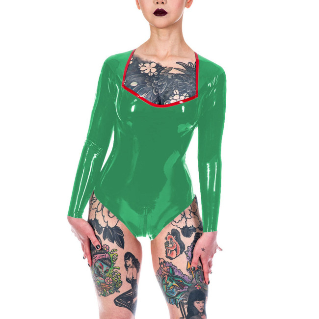 Plunging Neckline High Cut Faux Latex Bodysuit Women Long Sleeve Sexy Bodysuit Lingerie One Piece Open Crotch Teddies Clubwear