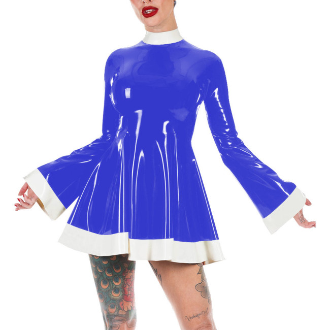Mock Neck Flare Sleeve A-line PVC Leather Dress Women Slim Patchwork Mini Dress Elegance Short Dress Casual Solid Color Vestido