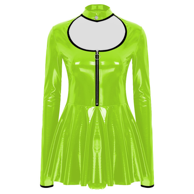 Sissy Party PVC Shiny Babydoll Bodysuit Wetlook Long Sleeved A-line Skirted Leotard Sexy Hollow Glossy PU Leather Catsuit Female