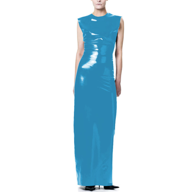 Elegant O-Neck Wetlook Long Dress Vinyl Sleeveless PVC Leather Straight Dress for Womens Office Ladies Evening Party Vestidos