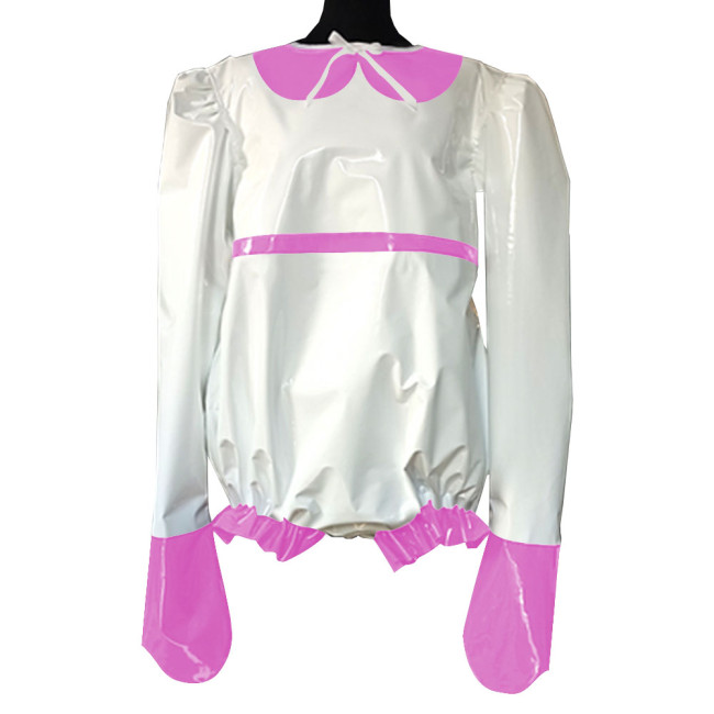 Mens Sissy Onesies PVC Leather Patchwork Long Sleeve O Neck Bodysuits Nightwear Adult Giant Baby Costume Gay Male PVC Pyjama