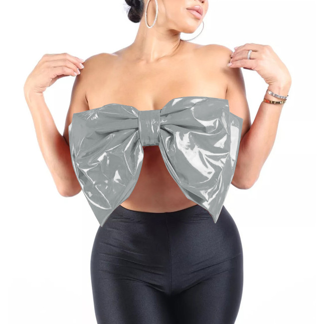 Fashion Sexy Large Bow Strapless Croped Tops Wetlook PVC Sleeveless Tube Wrap Bustier Hotties Glossy Faux Leather Camisole Top