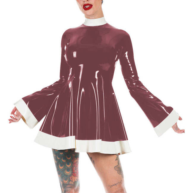 Mock Neck Flare Sleeve A-line PVC Leather Dress Women Slim Patchwork Mini Dress Elegance Short Dress Casual Solid Color Vestido