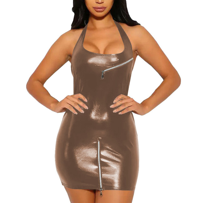 Summer Sexy Girl Mini Dress for Women Zipper Design Halter Bodycon Dress Vestidos Slim Fit Revelry Party Sleeveless Dress Sissy