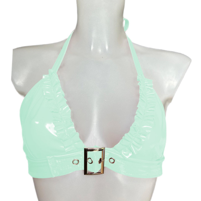 Womens Halter Ruffles PVC Shiny Bra Tops Sexy Buckle Lingerie Nightclub Party Costume Sissy Rave Party Underwear Nightwear 7XL