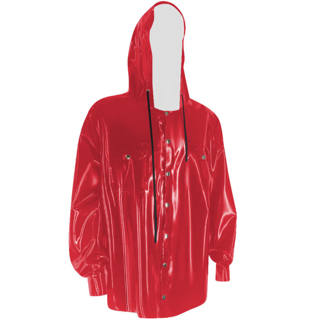 Fashion PVC Leather Jacket Mens Slim Fit Long Sleeve Hooded Coats Men Sissy Casual Plus Size Latex Look Jackets Club Clothing