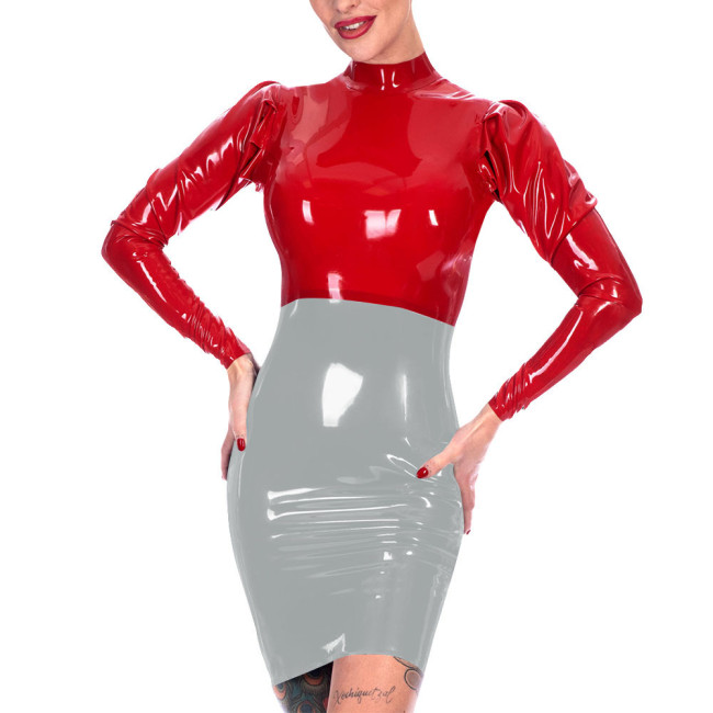Fetish Womens Bodycon Mini Dress Patchwork Long Sleeve Skinny Party Dress Wetlook PVC Leather Clubwear Back Zipper Tight Vestido