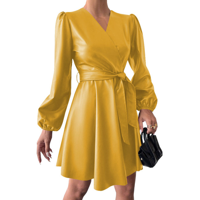 Fashion Puff Long Sleeve V-neck Dress Vintage Women Casual PU Leather Dress with Belt Matte Cocktail Gown Party Vestidos Female