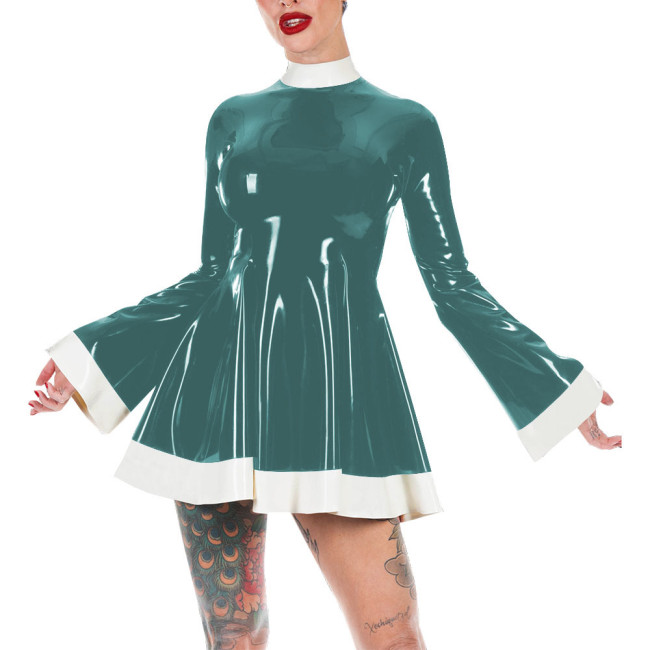 Mock Neck Flare Sleeve A-line PVC Leather Dress Women Slim Patchwork Mini Dress Elegance Short Dress Casual Solid Color Vestido