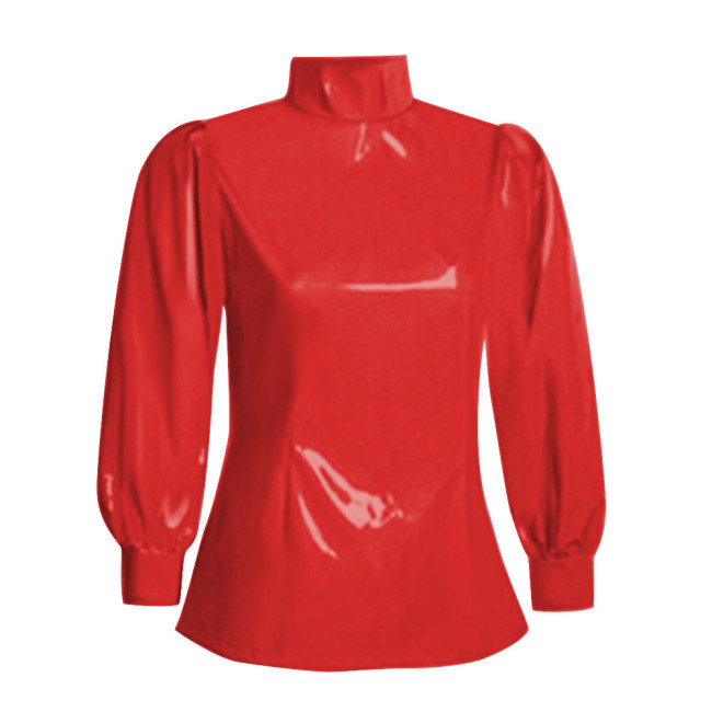Office Ladies Tops Slim Fit Long Sleeve Faux Latex Women Blouse Turtleneck PVC Leather Bodycon Solid Color Blouse Tops Casual