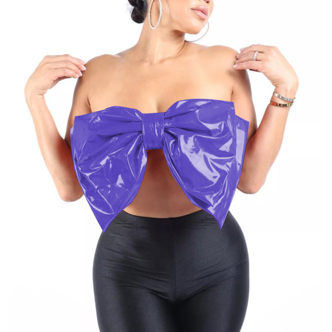 Fashion Sexy Large Bow Strapless Croped Tops Wetlook PVC Sleeveless Tube Wrap Bustier Hotties Glossy Faux Leather Camisole Top