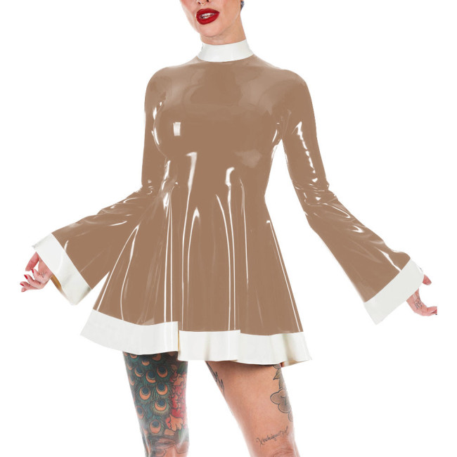 Mock Neck Flare Sleeve A-line PVC Leather Dress Women Slim Patchwork Mini Dress Elegance Short Dress Casual Solid Color Vestido